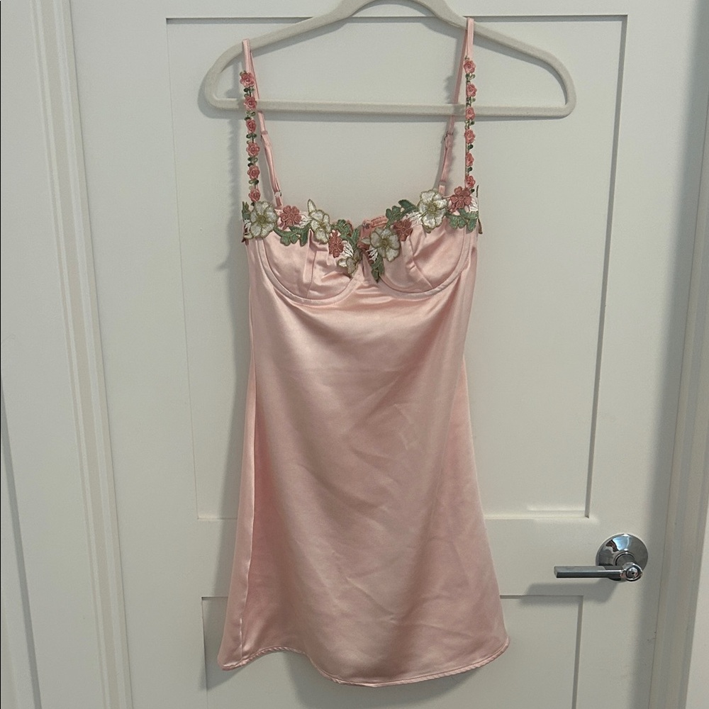 Kenzie Mini Dress Light Pink - Floral Embroidered Pink Satin Slip Dress